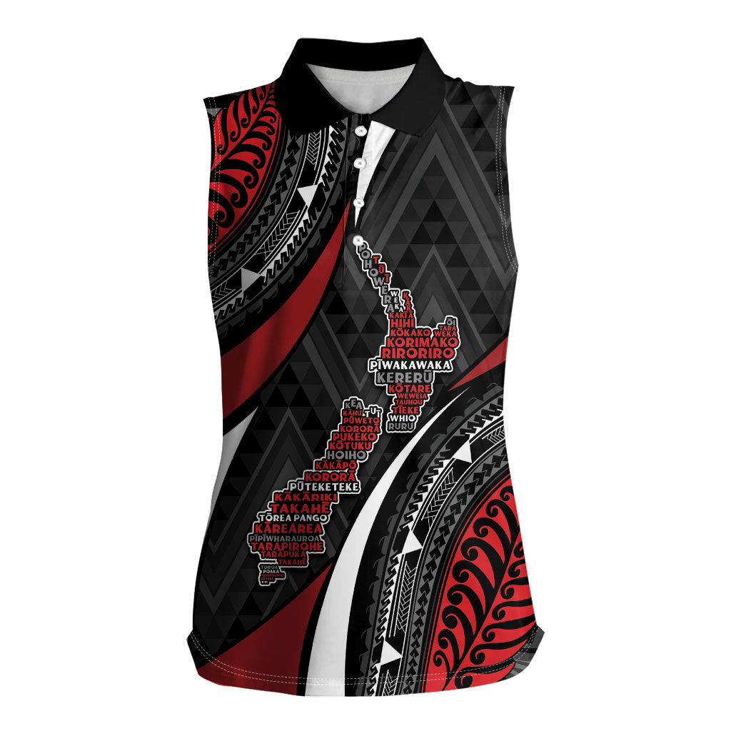 Aotearoa New Zealand Native Birds Map Women Sleeveless Polo Shirt Silver Fern Tribal Pattern DT05 Female Red - Polynesian Pride