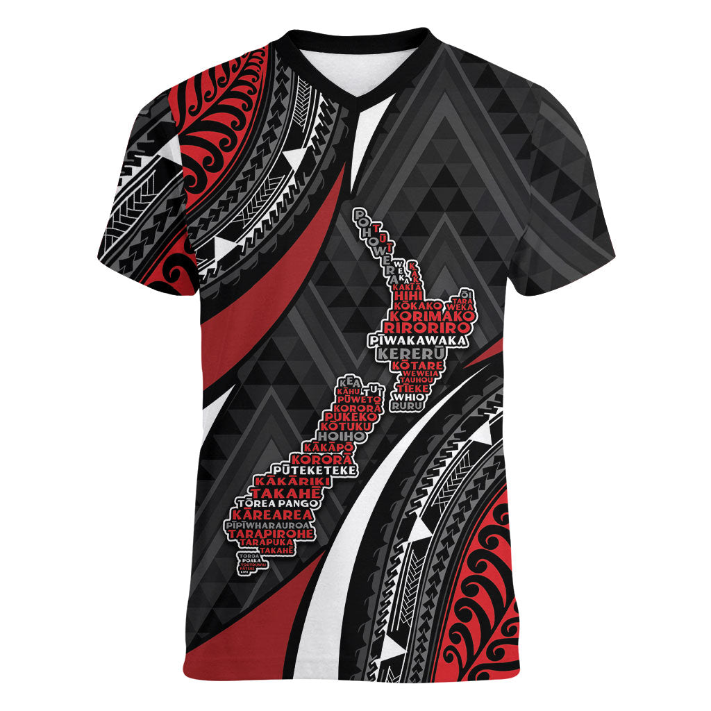 Aotearoa New Zealand Native Birds Map Women V-Neck T-Shirt Silver Fern Tribal Pattern DT05 Female Red - Polynesian Pride