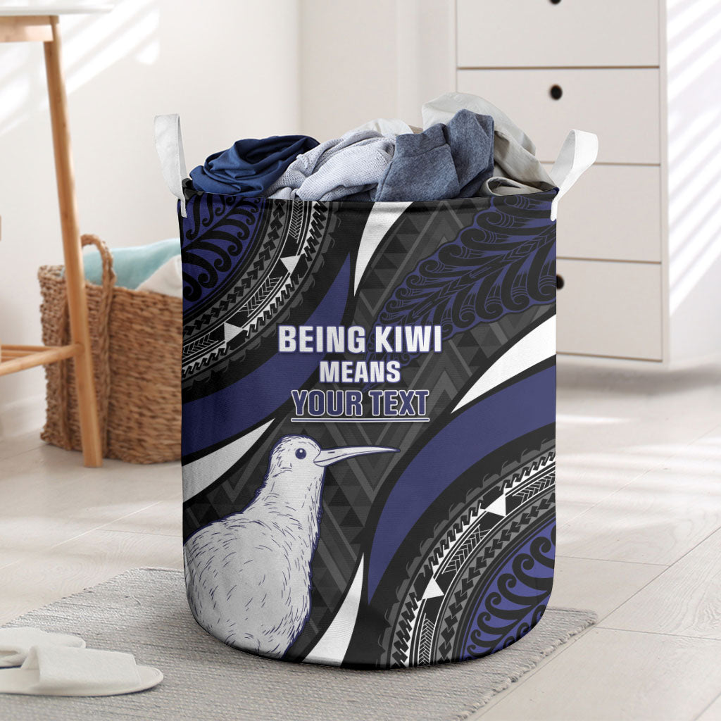 Personalised New Zealand Kiwi Laundry Basket Silver Fern Tribal Pattern DT05 Navy - Polynesian Pride