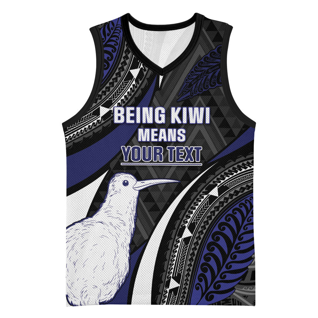 Personalised New Zealand Kiwi Basketball Jersey Silver Fern Tribal Pattern DT05 Unisex Navy - Polynesian Pride