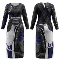 Personalised New Zealand Kiwi Couples Matching Long Sleeve Bodycon Dress and Long Sleeve Button Shirt Silver Fern Tribal Pattern DT05 - Polynesian Pride