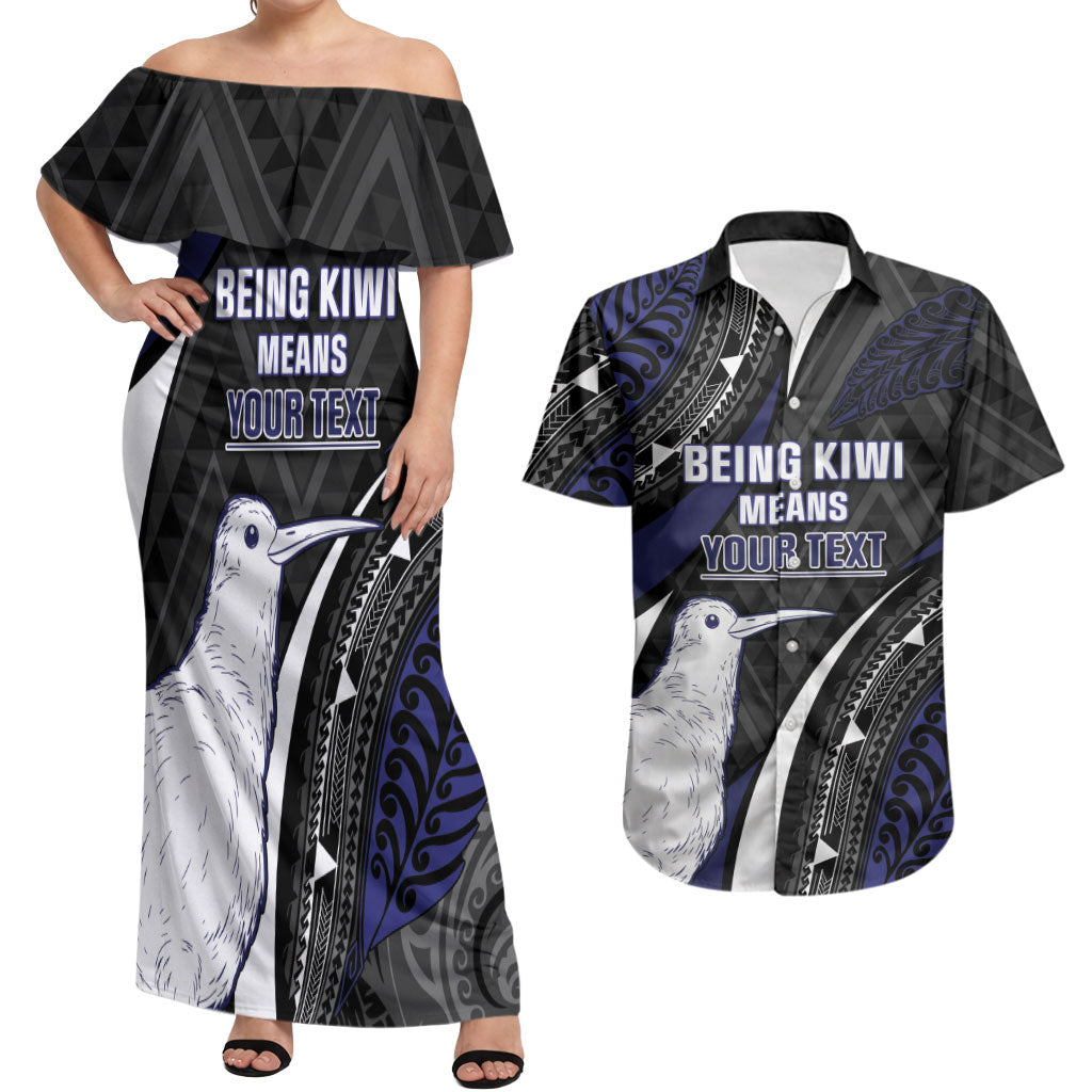 Personalised New Zealand Kiwi Couples Matching Off Shoulder Maxi Dress and Hawaiian Shirt Silver Fern Tribal Pattern DT05 Navy - Polynesian Pride