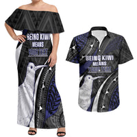 Personalised New Zealand Kiwi Couples Matching Off Shoulder Maxi Dress and Hawaiian Shirt Silver Fern Tribal Pattern DT05 Navy - Polynesian Pride