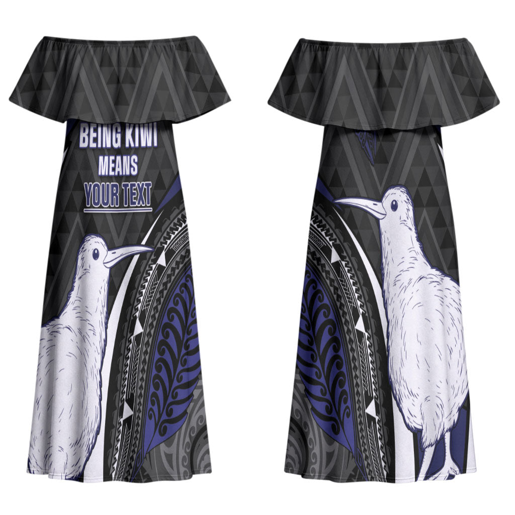 Personalised New Zealand Kiwi Couples Matching Off Shoulder Maxi Dress and Hawaiian Shirt Silver Fern Tribal Pattern DT05 - Polynesian Pride
