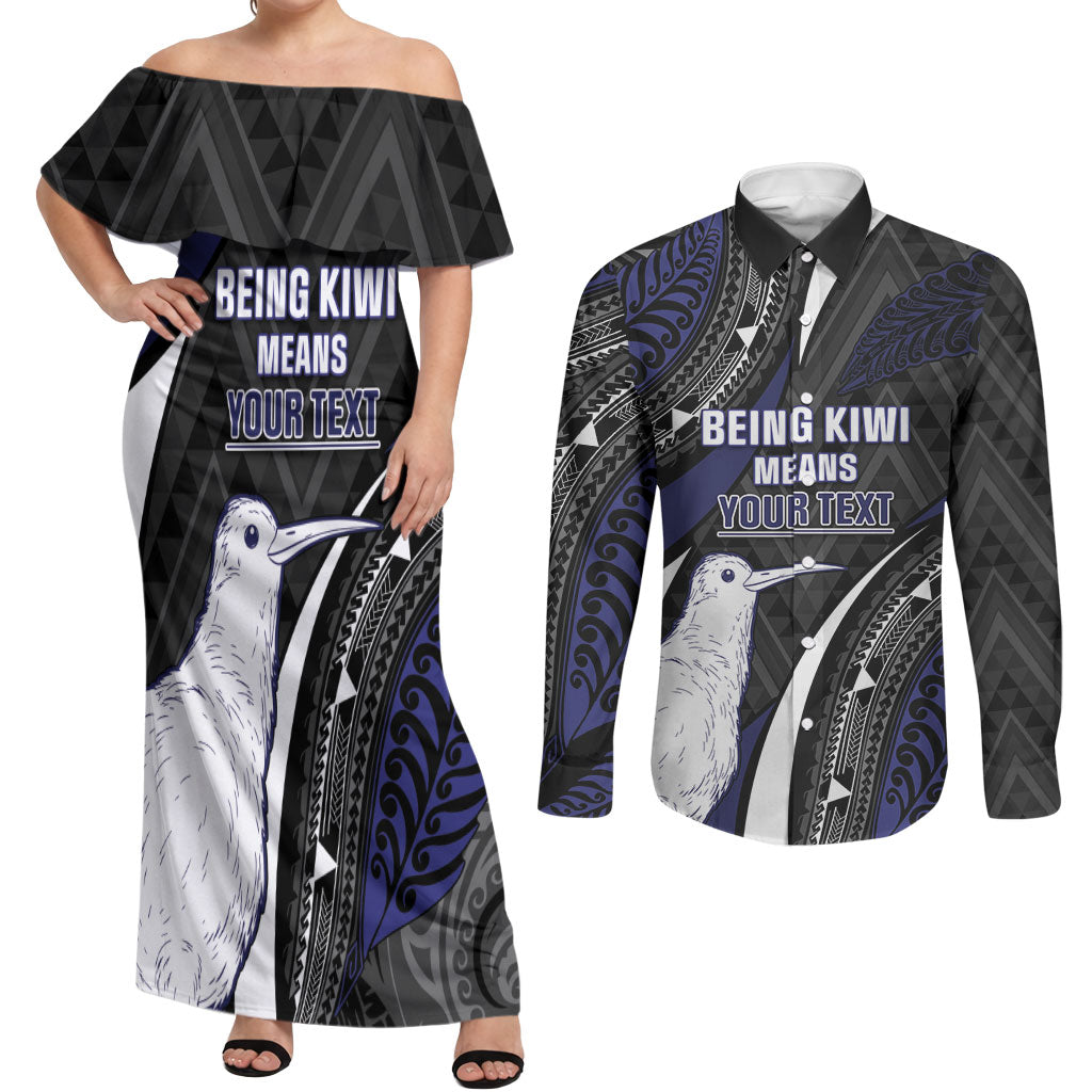 Personalised New Zealand Kiwi Couples Matching Off Shoulder Maxi Dress and Long Sleeve Button Shirt Silver Fern Tribal Pattern DT05 Navy - Polynesian Pride
