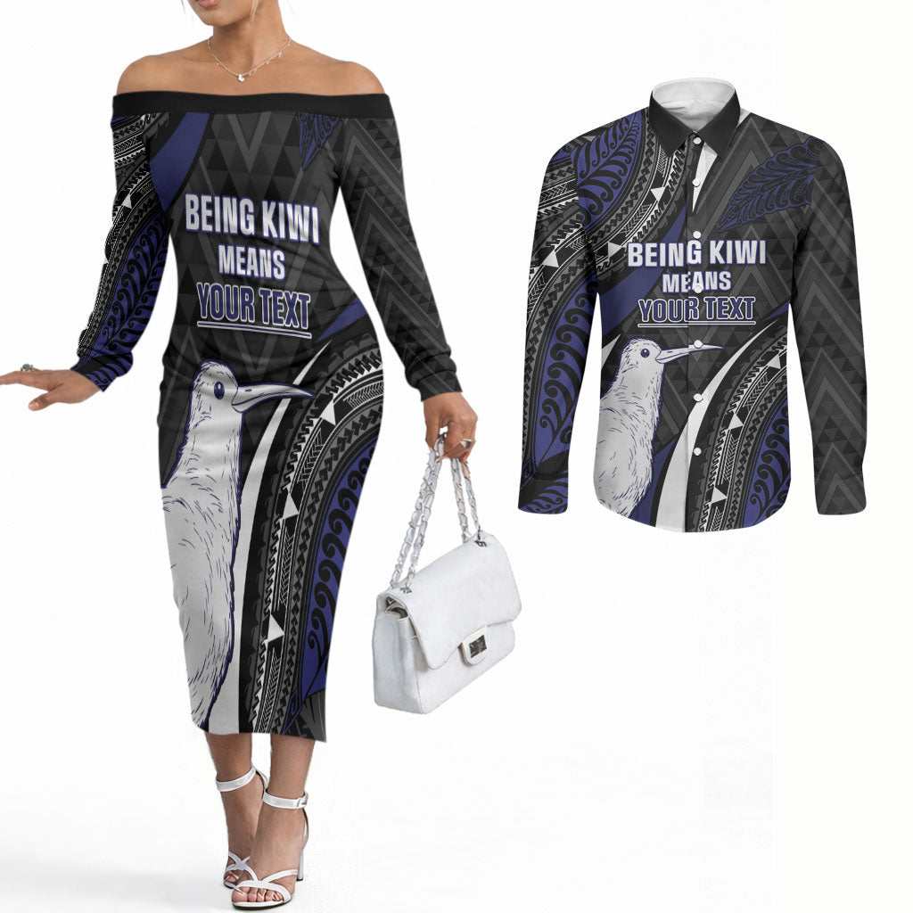 Personalised New Zealand Kiwi Couples Matching Off The Shoulder Long Sleeve Dress and Long Sleeve Button Shirt Silver Fern Tribal Pattern DT05 Navy - Polynesian Pride