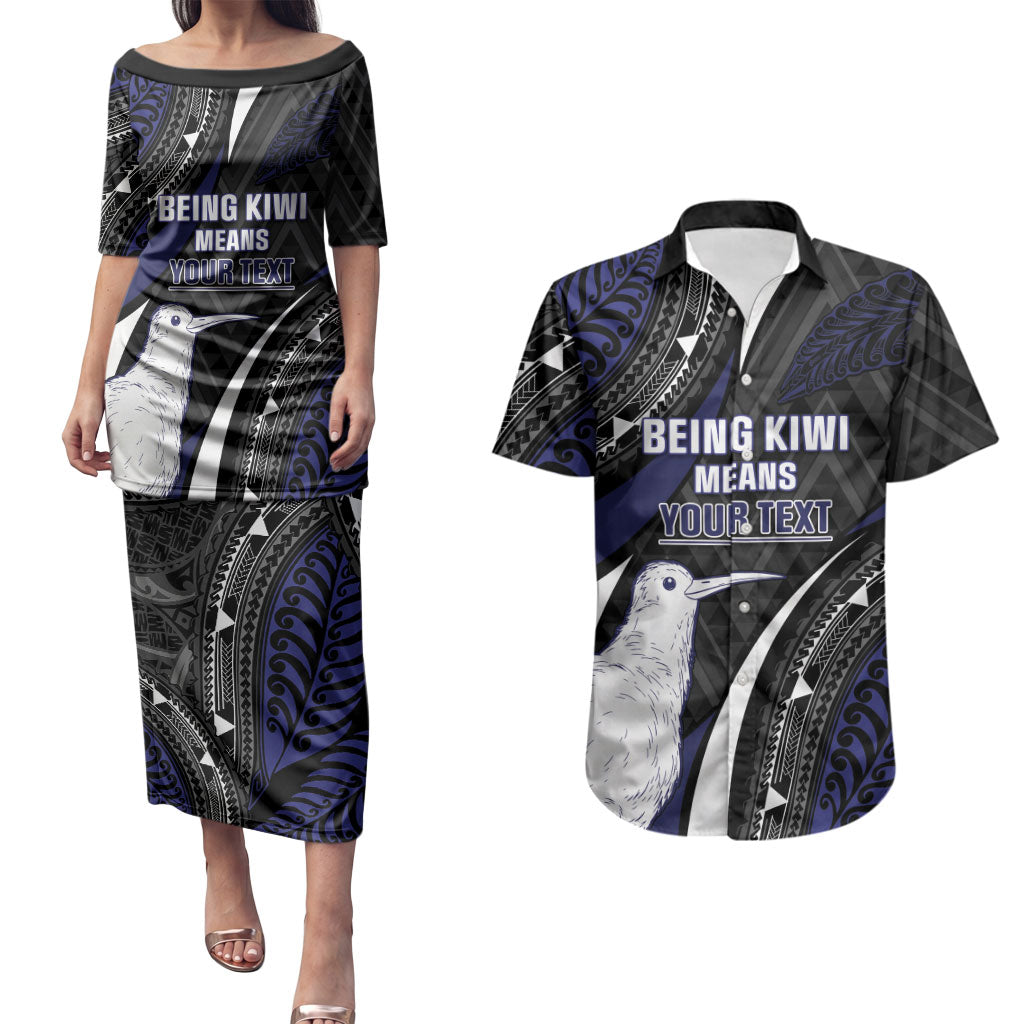 Personalised New Zealand Kiwi Couples Matching Puletasi and Hawaiian Shirt Silver Fern Tribal Pattern DT05 Navy - Polynesian Pride