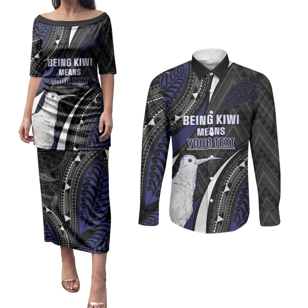 Personalised New Zealand Kiwi Couples Matching Puletasi and Long Sleeve Button Shirt Silver Fern Tribal Pattern DT05 Navy - Polynesian Pride