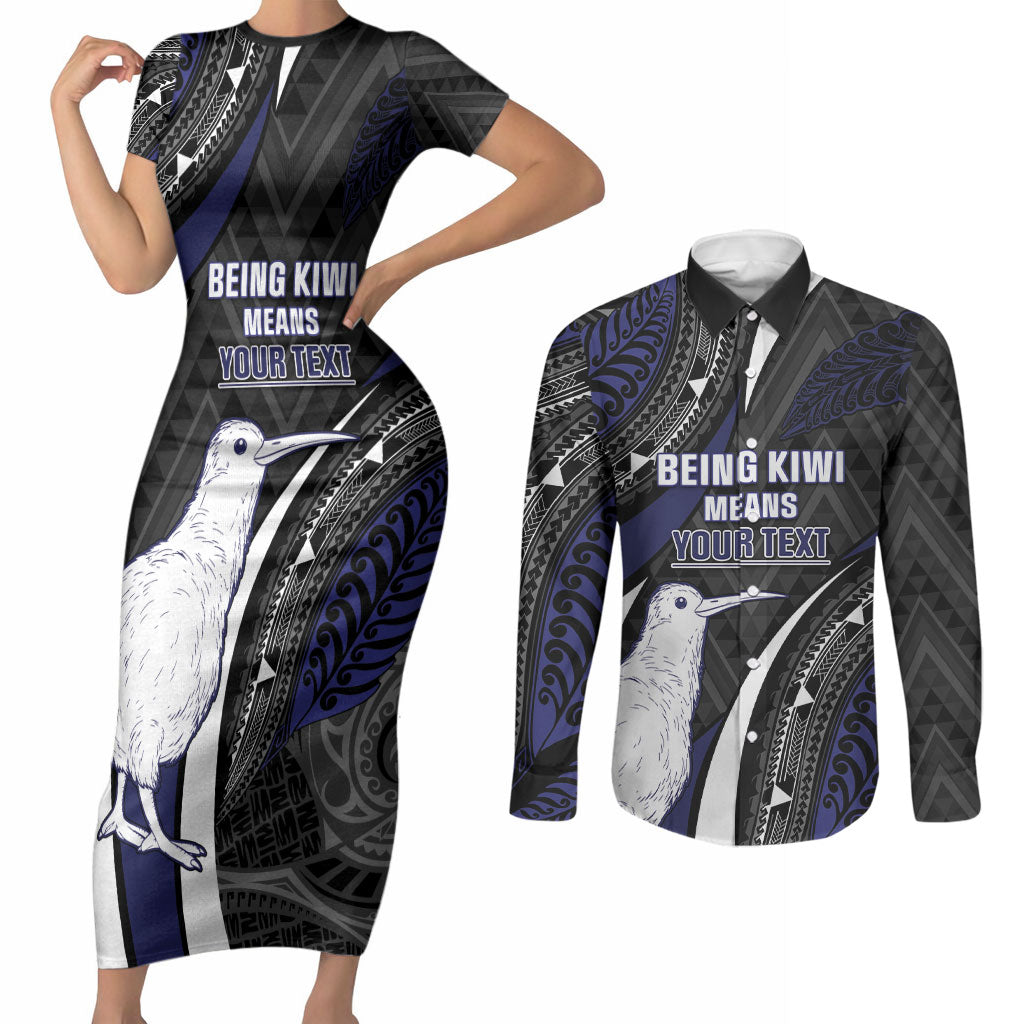 Personalised New Zealand Kiwi Couples Matching Short Sleeve Bodycon Dress and Long Sleeve Button Shirt Silver Fern Tribal Pattern DT05 Navy - Polynesian Pride