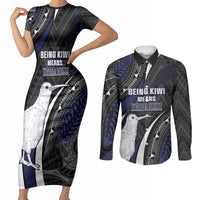 Personalised New Zealand Kiwi Couples Matching Short Sleeve Bodycon Dress and Long Sleeve Button Shirt Silver Fern Tribal Pattern DT05 Navy - Polynesian Pride