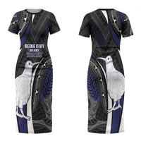 Personalised New Zealand Kiwi Couples Matching Short Sleeve Bodycon Dress and Long Sleeve Button Shirt Silver Fern Tribal Pattern DT05 - Polynesian Pride