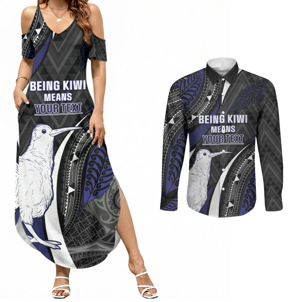 Personalised New Zealand Kiwi Couples Matching Summer Maxi Dress and Long Sleeve Button Shirt Silver Fern Tribal Pattern DT05 Navy - Polynesian Pride