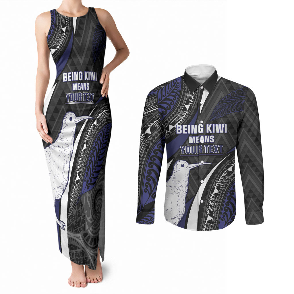 Personalised New Zealand Kiwi Couples Matching Tank Maxi Dress and Long Sleeve Button Shirt Silver Fern Tribal Pattern DT05 Navy - Polynesian Pride