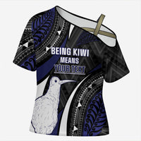 Personalised New Zealand Kiwi Cross Shoulder Shirt Silver Fern Tribal Pattern DT05 Female Navy - Polynesian Pride