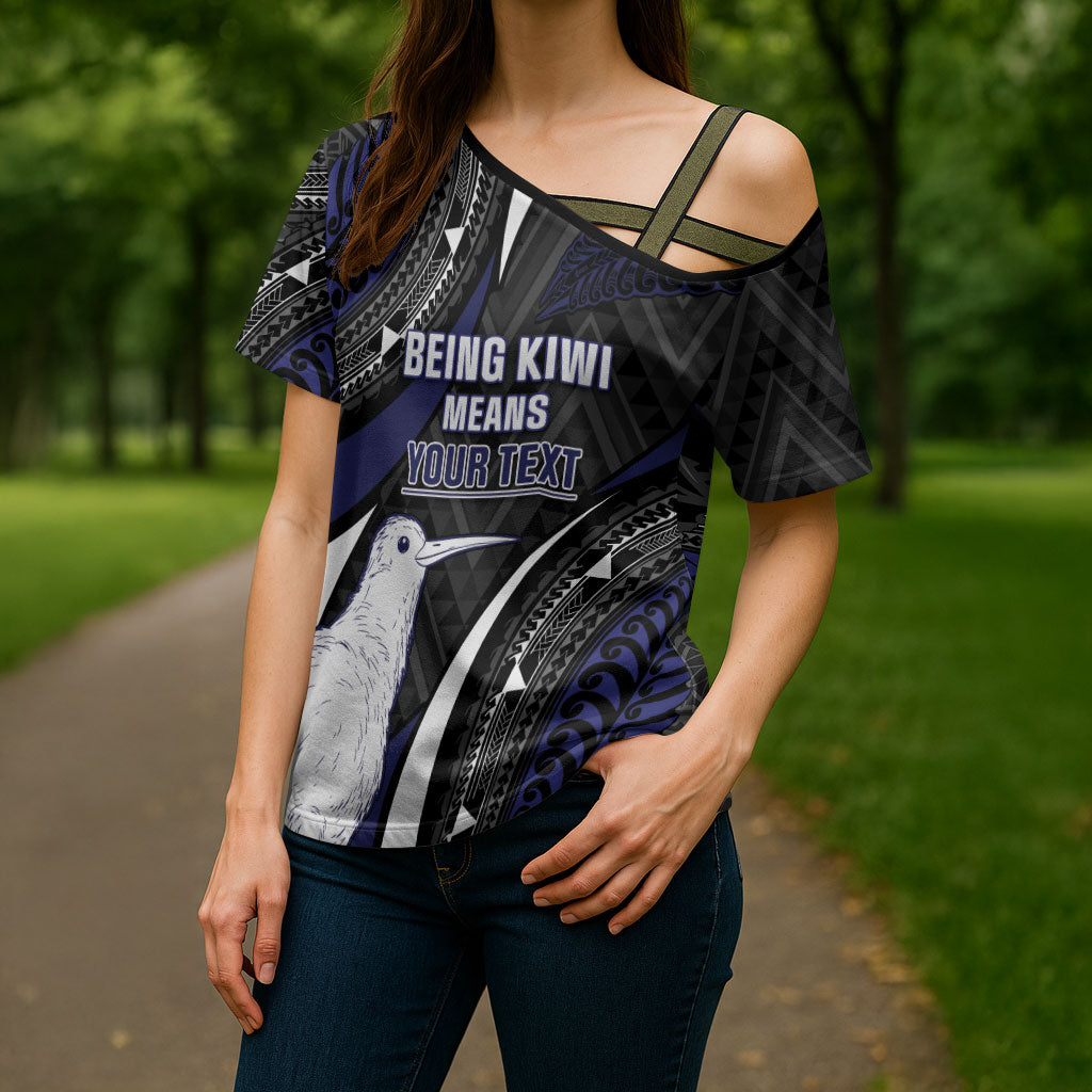 Personalised New Zealand Kiwi Cross Shoulder Shirt Silver Fern Tribal Pattern DT05 - Polynesian Pride
