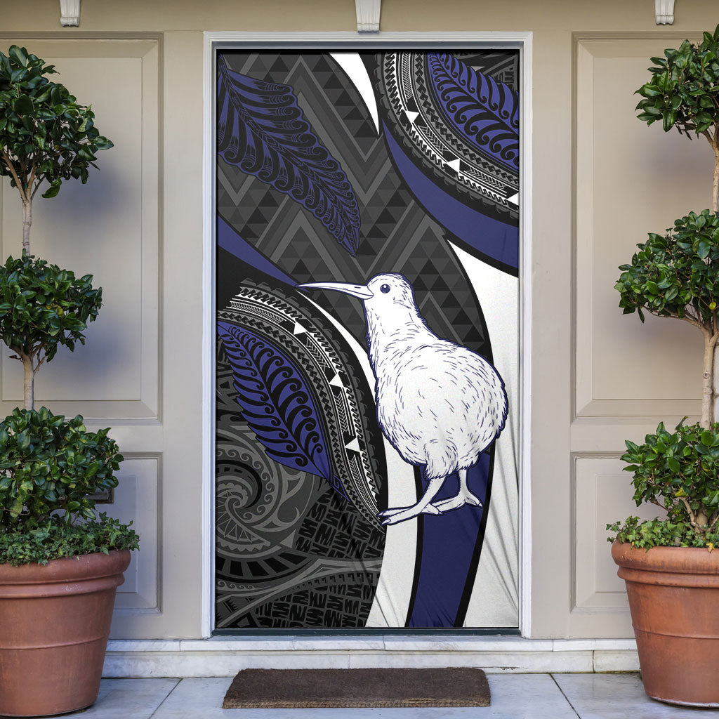 New Zealand Kiwi Door Cover Silver Fern Tribal Pattern DT05 Navy - Polynesian Pride