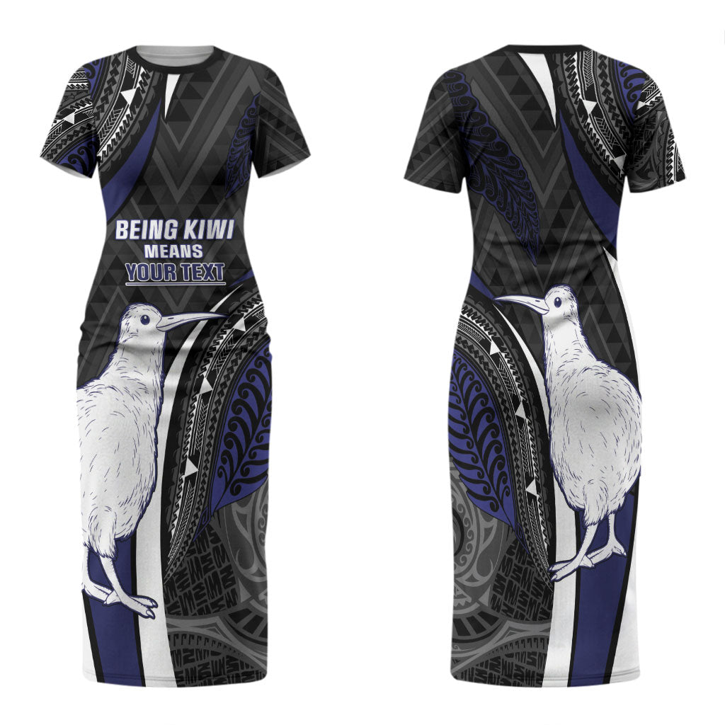 Personalised New Zealand Kiwi Family Matching Short Sleeve Bodycon Dress and Hawaiian Shirt Silver Fern Tribal Pattern DT05 Mom's Dress Navy - Polynesian Pride