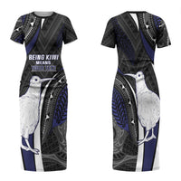 Personalised New Zealand Kiwi Family Matching Short Sleeve Bodycon Dress and Hawaiian Shirt Silver Fern Tribal Pattern DT05 Mom's Dress Navy - Polynesian Pride