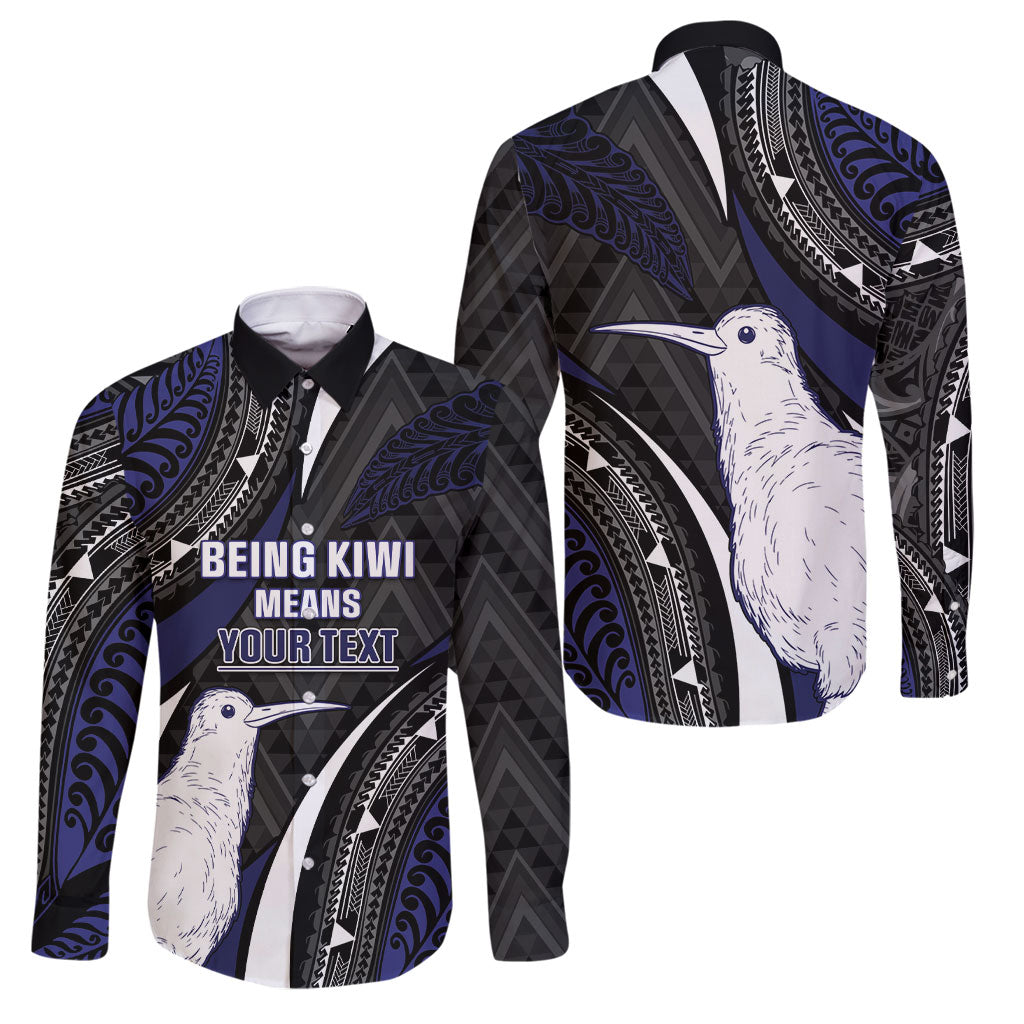 Personalised New Zealand Kiwi Family Matching Short Sleeve Bodycon Dress and Hawaiian Shirt Silver Fern Tribal Pattern DT05 Dad's Shirt - Long Sleeve Navy - Polynesian Pride