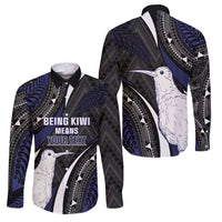 Personalised New Zealand Kiwi Family Matching Short Sleeve Bodycon Dress and Hawaiian Shirt Silver Fern Tribal Pattern DT05 Dad's Shirt - Long Sleeve Navy - Polynesian Pride