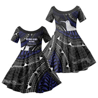 Personalised New Zealand Kiwi Family Matching Short Sleeve Bodycon Dress and Hawaiian Shirt Silver Fern Tribal Pattern DT05 Daughter's Dress Navy - Polynesian Pride