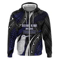 Personalised New Zealand Kiwi Hoodie Silver Fern Tribal Pattern DT05 Zip Hoodie Navy - Polynesian Pride