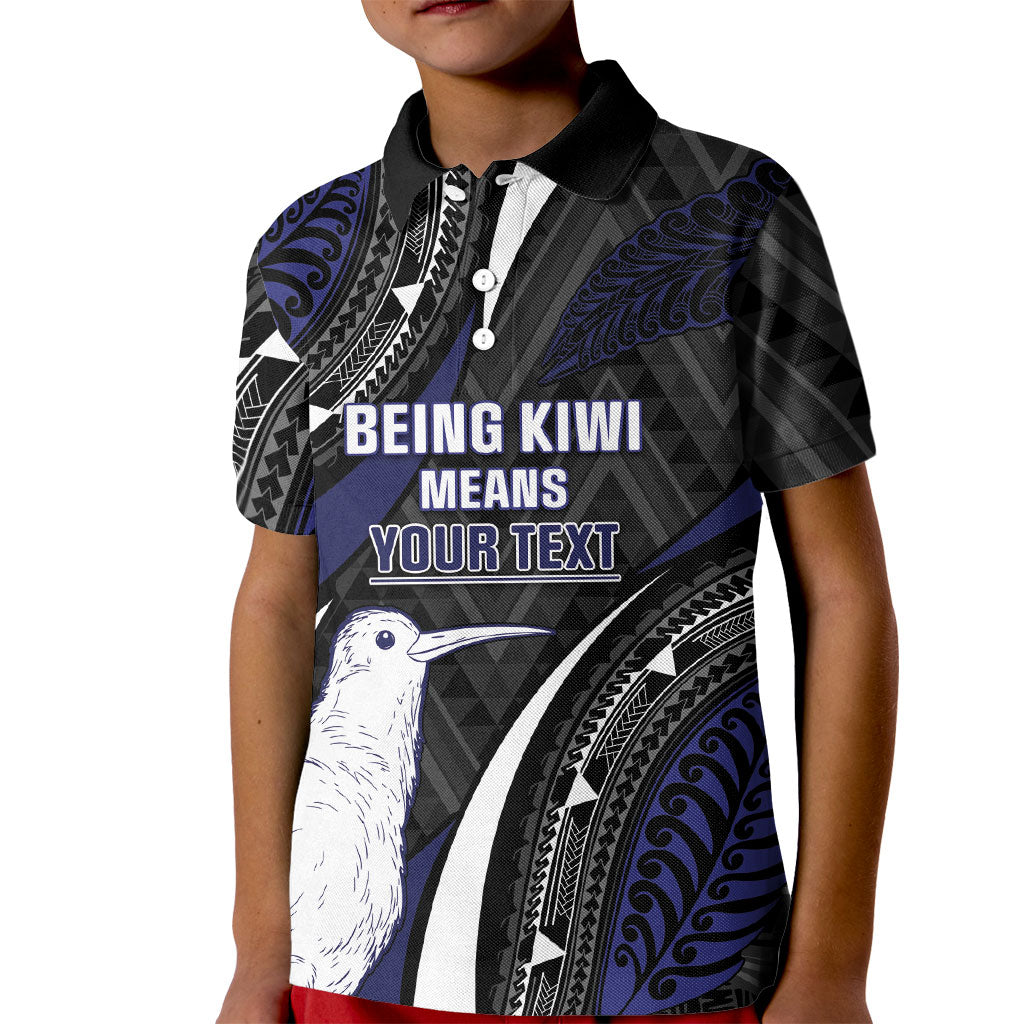 Personalised New Zealand Kiwi Kid Polo Shirt Silver Fern Tribal Pattern DT05 Kid Navy - Polynesian Pride
