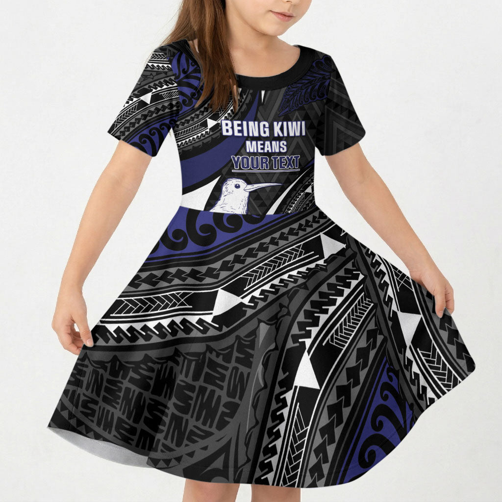 Personalised New Zealand Kiwi Kid Short Sleeve Dress Silver Fern Tribal Pattern DT05 KID Navy - Polynesian Pride