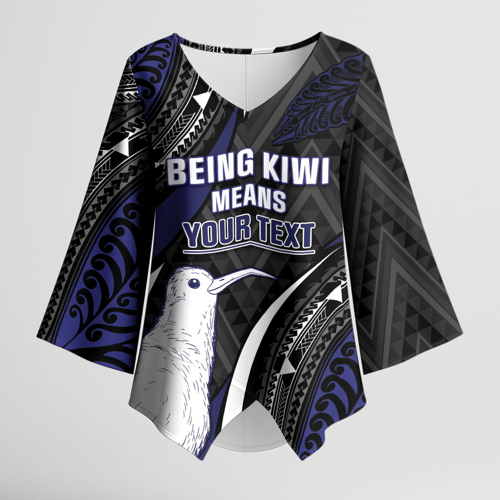Personalised New Zealand Kiwi Kimono Sleeve Blouse Silver Fern Tribal Pattern DT05 Female Navy - Polynesian Pride
