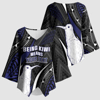 Personalised New Zealand Kiwi Kimono Sleeve Blouse Silver Fern Tribal Pattern DT05 - Polynesian Pride
