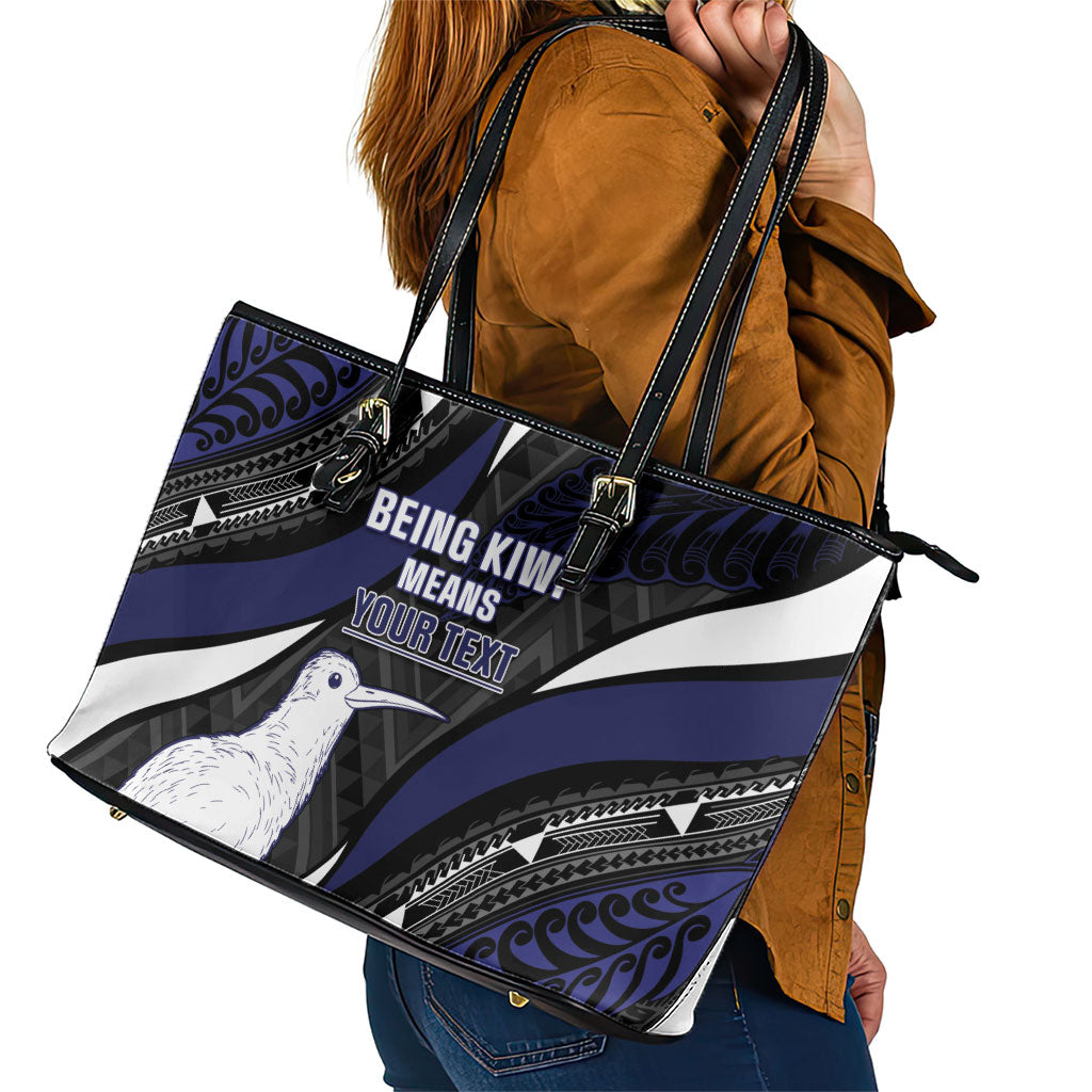 Personalised New Zealand Kiwi Leather Tote Bag Silver Fern Tribal Pattern DT05 - Polynesian Pride