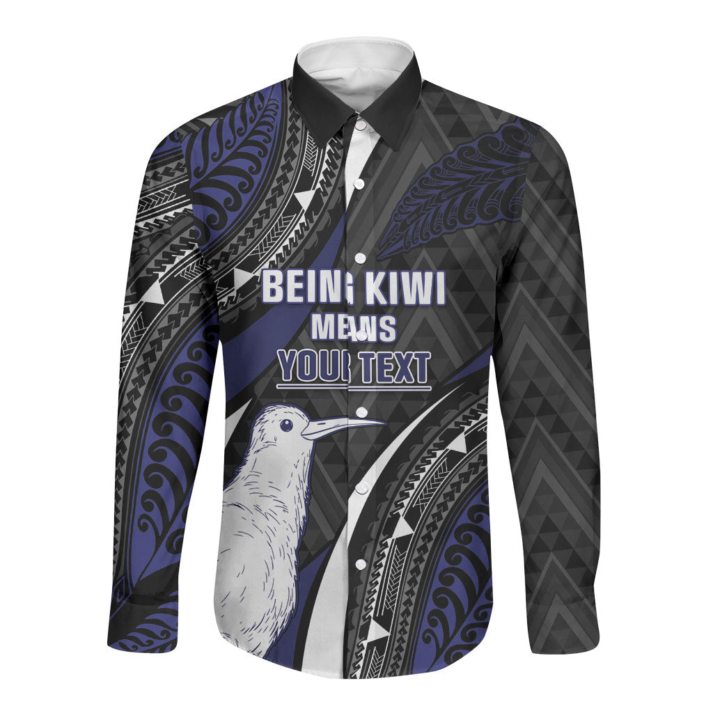 Personalised New Zealand Kiwi Long Sleeve Button Shirt Silver Fern Tribal Pattern DT05 Unisex Navy - Polynesian Pride