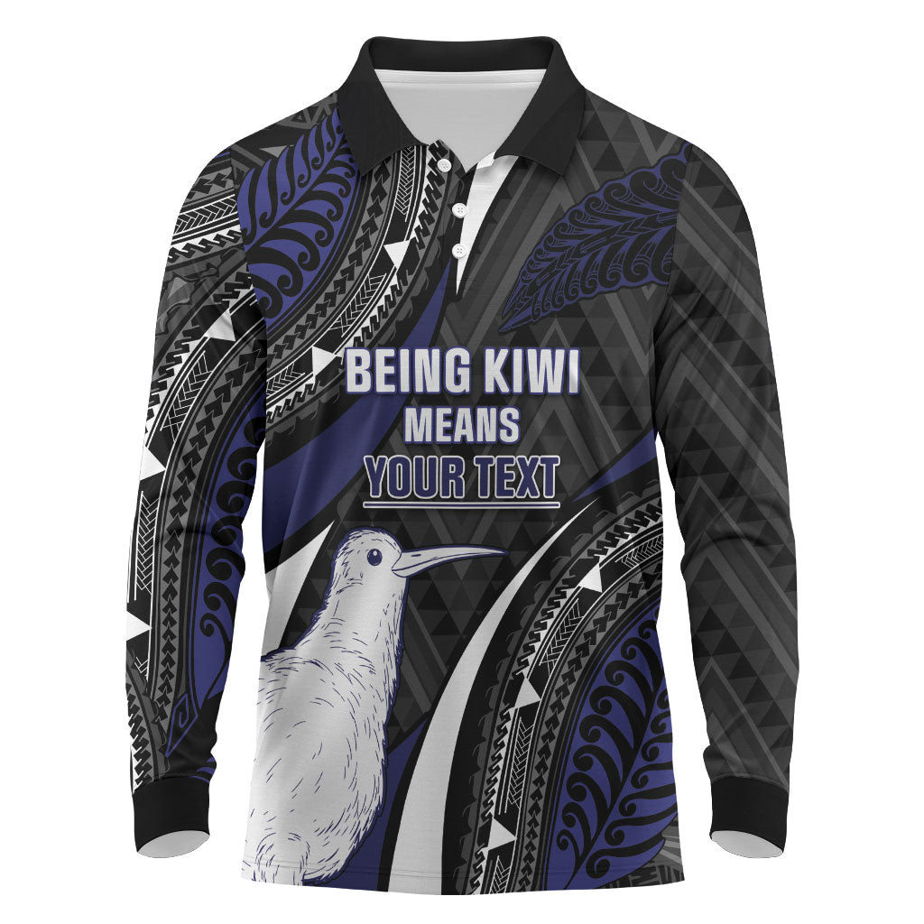 Personalised New Zealand Kiwi Long Sleeve Polo Shirt Silver Fern Tribal Pattern DT05 Navy - Polynesian Pride