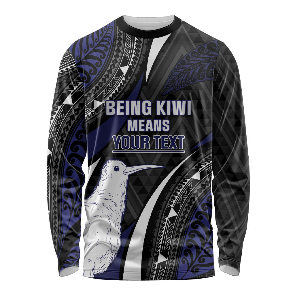 Personalised New Zealand Kiwi Long Sleeve Shirt Silver Fern Tribal Pattern DT05 Unisex Navy - Polynesian Pride
