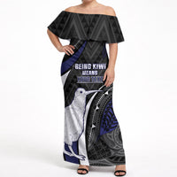 Personalised New Zealand Kiwi Off Shoulder Maxi Dress Silver Fern Tribal Pattern DT05 Women Navy - Polynesian Pride