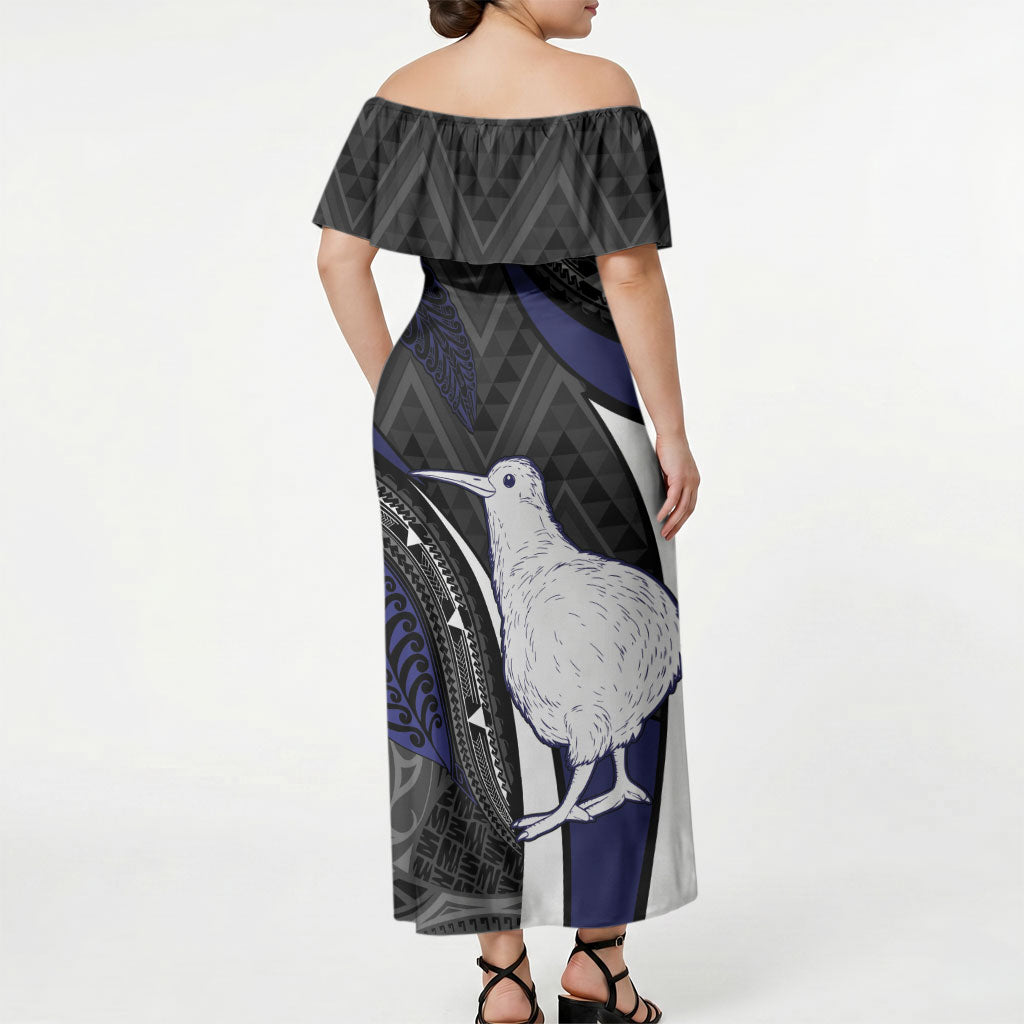 Personalised New Zealand Kiwi Off Shoulder Maxi Dress Silver Fern Tribal Pattern DT05 - Polynesian Pride