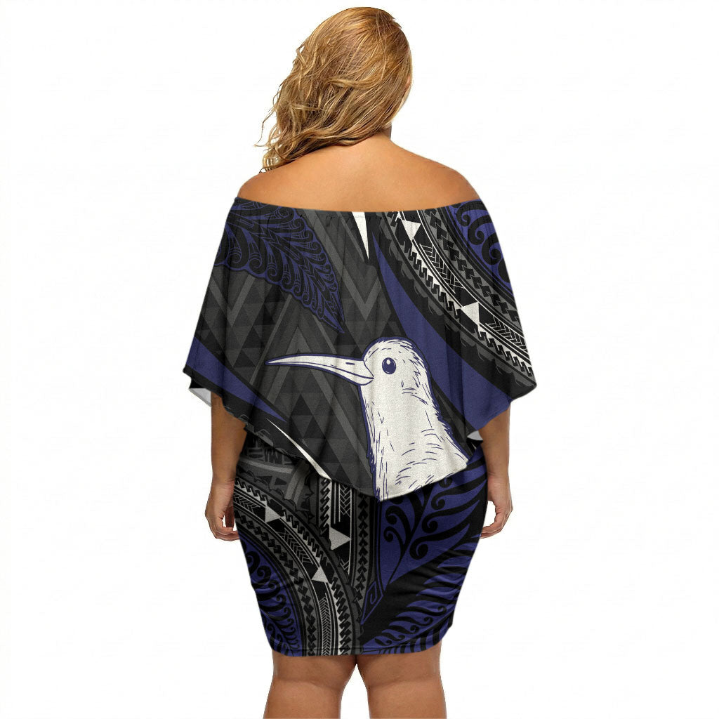 Personalised New Zealand Kiwi Off Shoulder Short Dress Silver Fern Tribal Pattern DT05 - Polynesian Pride