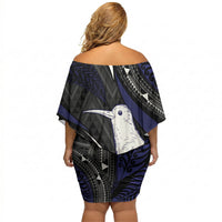 Personalised New Zealand Kiwi Off Shoulder Short Dress Silver Fern Tribal Pattern DT05 - Polynesian Pride