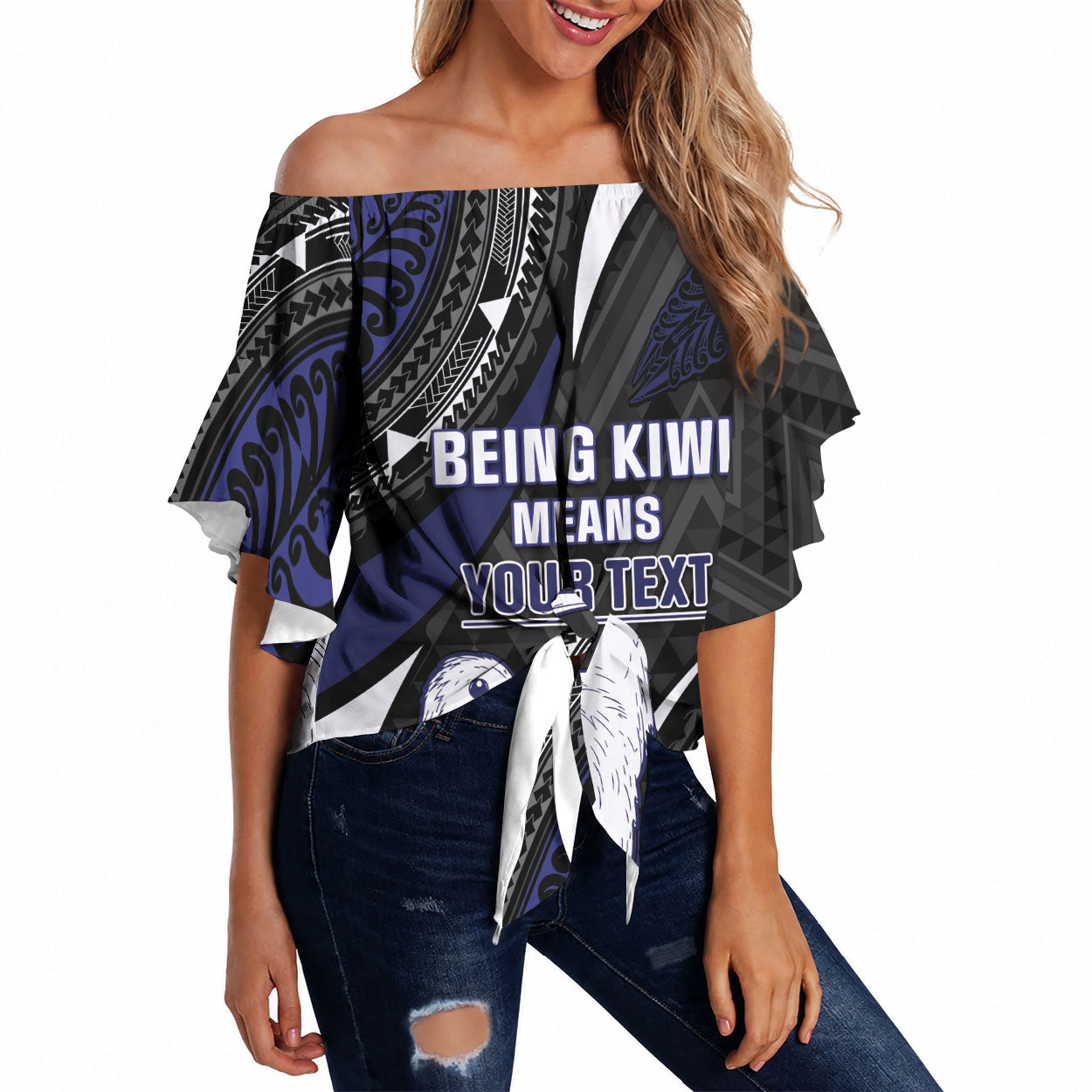 Personalised New Zealand Kiwi Off Shoulder Wrap Waist Top Silver Fern Tribal Pattern DT05 Navy - Polynesian Pride