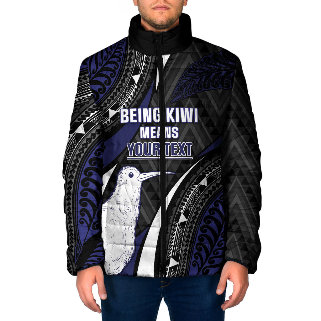 Personalised New Zealand Kiwi Padded Jacket Silver Fern Tribal Pattern DT05 Men Navy - Polynesian Pride