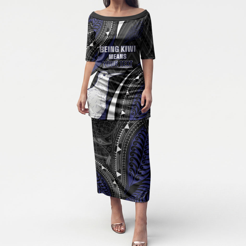 Personalised New Zealand Kiwi Puletasi Silver Fern Tribal Pattern DT05 Long Dress Navy - Polynesian Pride