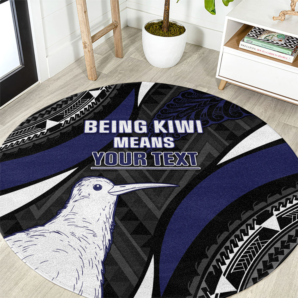 Personalised New Zealand Kiwi Round Carpet Silver Fern Tribal Pattern DT05 Navy - Polynesian Pride
