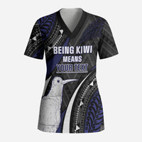Personalised New Zealand Kiwi Scrub Top Silver Fern Tribal Pattern DT05 Adult Navy - Polynesian Pride