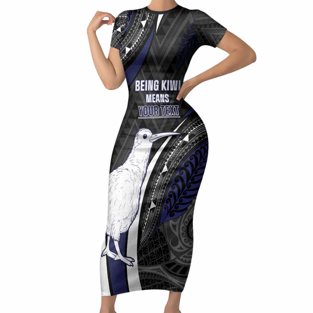 Personalised New Zealand Kiwi Short Sleeve Bodycon Dress Silver Fern Tribal Pattern DT05 Long Dress Navy - Polynesian Pride
