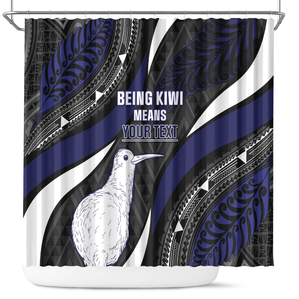 Personalised New Zealand Kiwi Shower Curtain Silver Fern Tribal Pattern DT05 Navy - Polynesian Pride