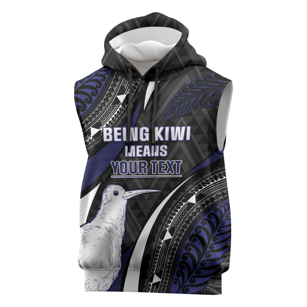 Personalised New Zealand Kiwi Sleeveless Hoodie Silver Fern Tribal Pattern DT05 Navy - Polynesian Pride