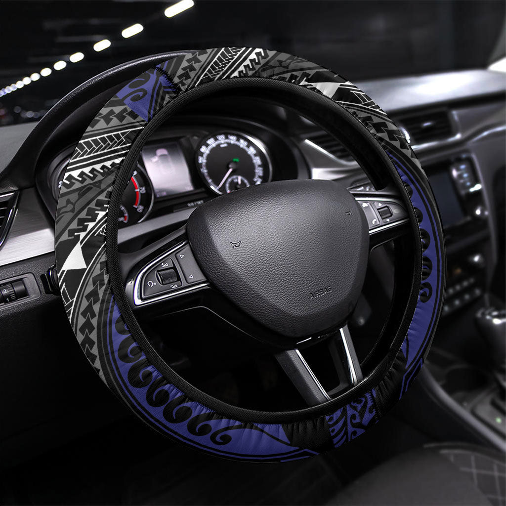 New Zealand Kiwi Steering Wheel Cover Silver Fern Tribal Pattern DT05 Universal Fit Navy - Polynesian Pride