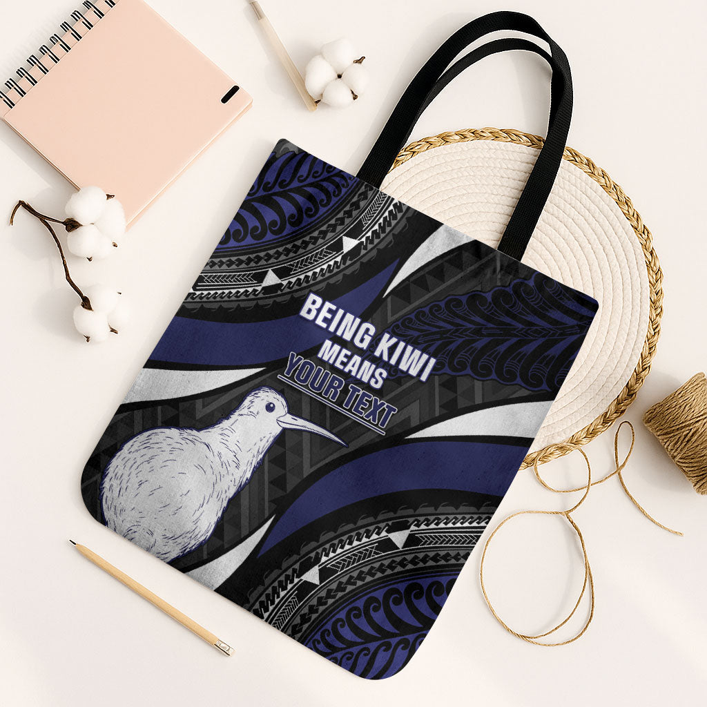 Personalised New Zealand Kiwi Tote Bag Silver Fern Tribal Pattern DT05 Black Strap One Size Navy - Polynesian Pride