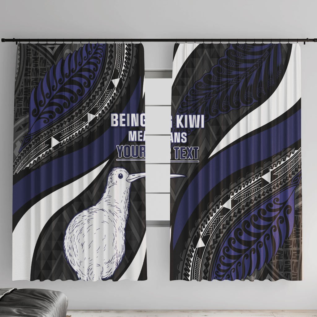 Personalised New Zealand Kiwi Window Curtain Silver Fern Tribal Pattern DT05 With Hooks Navy - Polynesian Pride