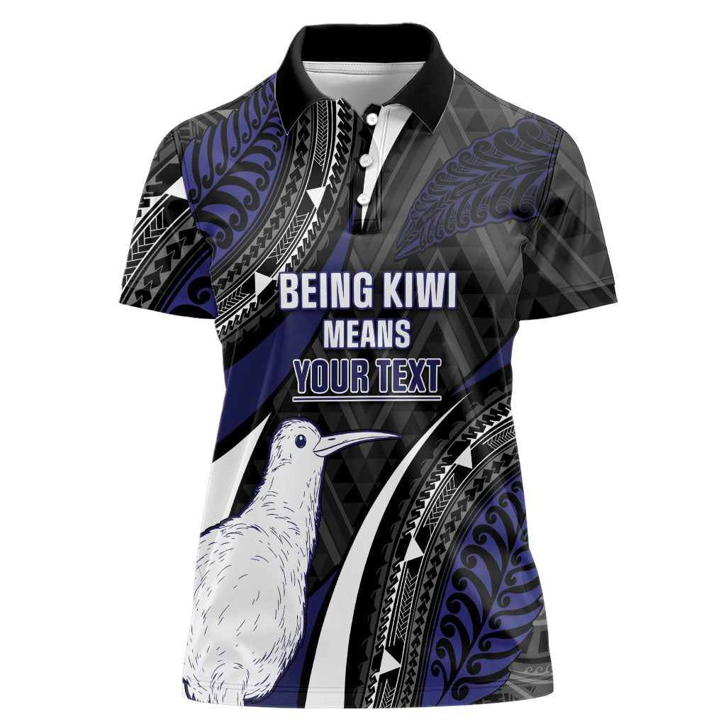 Personalised New Zealand Kiwi Women Polo Shirt Silver Fern Tribal Pattern DT05 Female Navy - Polynesian Pride